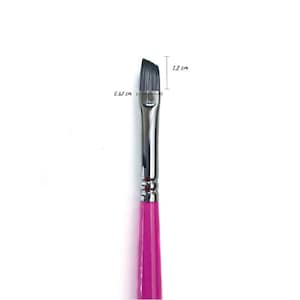 May include: An angled paint brush with a pink handle, a 0.67 cm wide brush head and a 1.2 cm long handle.