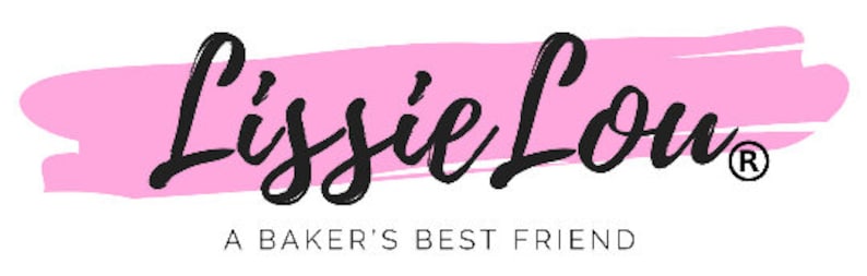 May include: Pink brushstroke background with the text "Lizzie Lou" in black cursive lettering. Below the text is the phrase "A Baker's Best Friend" in black.