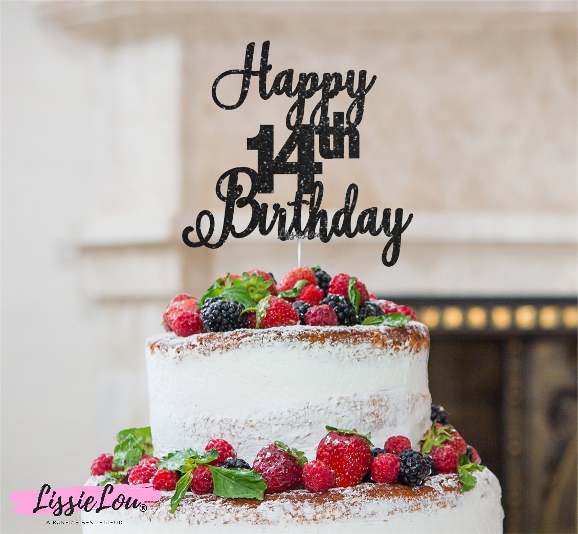 Happy 14th Birthday Pretty Cake Topper Glitter Card -  Portugal