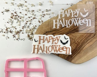 Cortador de galletas y sello acrílico con diseño de murciélagos para Halloween.