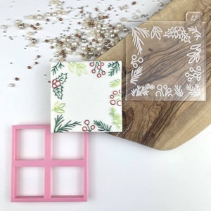 Christmas Foliage Square Cookie Cutter and Embosser, Christmas Cookie Cutter, Merry Christmas Cookie Embosser, Cookie Stamp, Icing Stamp