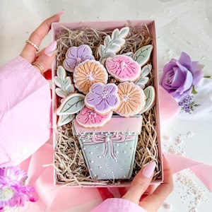May include: A pink gift box with a lid open, revealing a decorated sugar cookie in the shape of a flower pot with a bouquet of colourful sugar cookies. The cookies are decorated with icing and sprinkles.