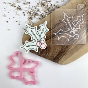Modern Holly Cookie Cutter and Embosser, Christmas Cookie Cutter, Merry Christmas Cookie Embosser, Cookie Stamp