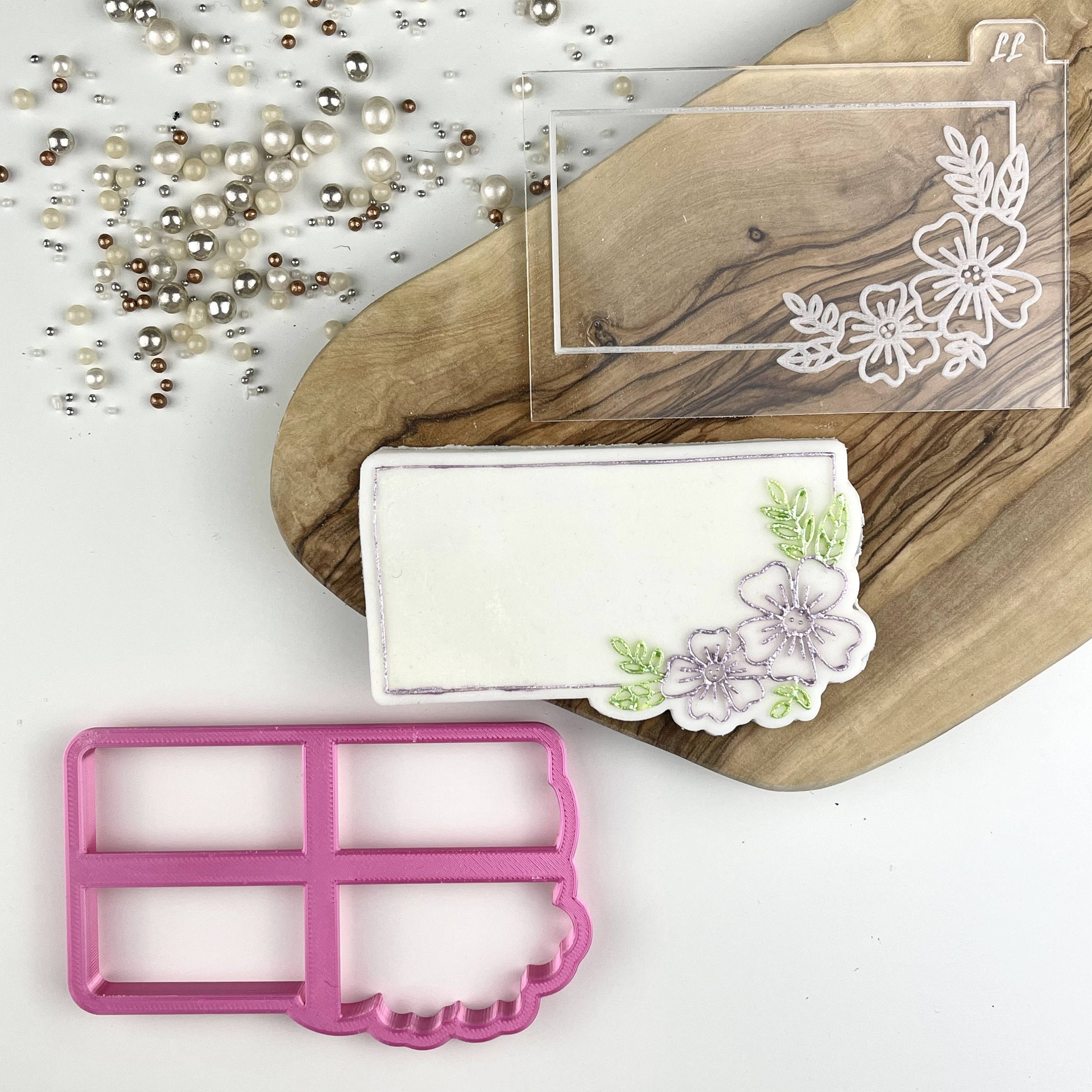 Embosser Small Rectangle Rectangle With Flowers Cookie Cutter & Embosser | Floral Name Plate ...