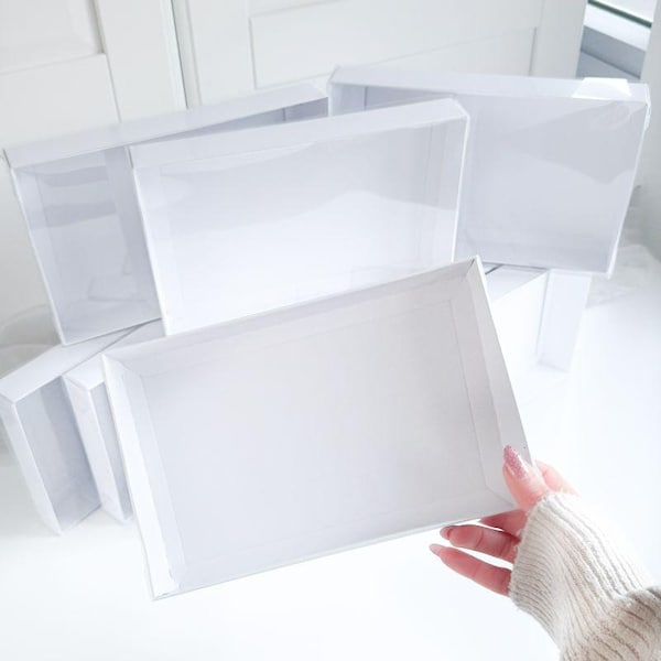 Weiße rechteckige Keksdosen mit durchsichtigem Deckel - 240 mm x 155 mm x 30 mm, Keksverpackung, Leckerbissenbox, Keksgeschenkbox, klare Fensterbox