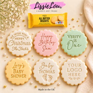 Personlig kakstämpel och utstickare, anpassad kexstämpel för M&S-kex, fondantpräglingsmaskin