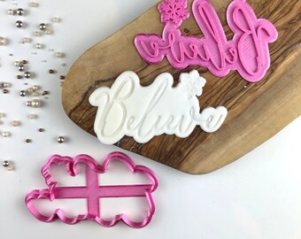 Believe Cookie Cutter and Stamp, Christmas Cookie Cutter, Merry Christmas Cookie Embosser, Xmas Cookie Stamp, Icing Stamp