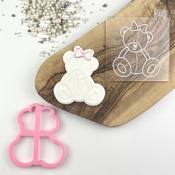 Female Sitting Teddy Bear with Bow Cookie Cutter and Embosser, Baby Shower Cookie Embosser, Cookie Cutter, Gender Reveal Cookie Stamp