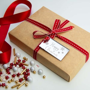 Feliz Navidad Rectángulo Cookie Box Tags Pack de 4 Premium Mirror Acrylic, Christmas Box Tags, Happy Christmas Gift Tags, Postal Box Ideas