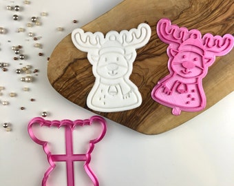 Reindeer Cookie Cutter and Stamp, Christmas Cookie Cutter, Merry Christmas Cookie Embosser, Xmas Cookie Stamp, Icing Stamp