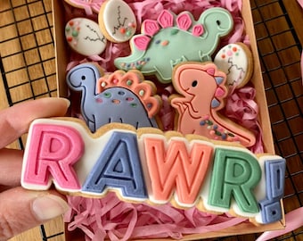 Cortador y grabador de galletas Rawr, cortador de galletas de dinosaurio, grabador de fondant, cortador de galletas infantil, sello de glaseado, sello de galletas de dinosaurio