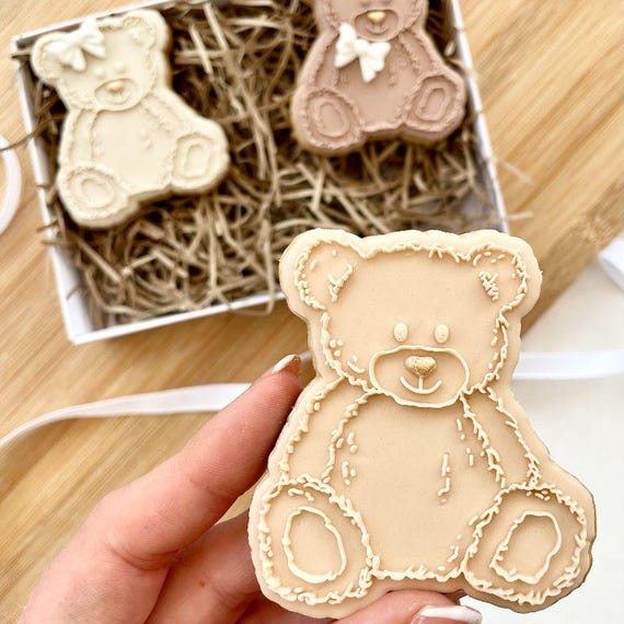 Fluffy Teddy Bear Cookie Cutter & Embosser – Cute Fondant Stamp for Baby Shower, Birthday, or Christening – LissieLou Baking Tool