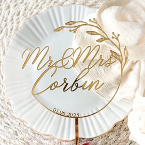 Personalised Wedding Cake Topper | 6 inch Mr & Mrs - Surname and Date | Botanical Foliage Design in Gold Mirror Acrylic | LissieLou