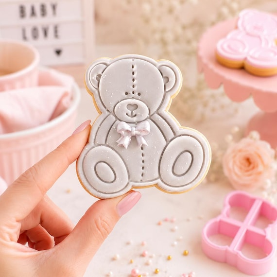 Sitting Teddy Bear Cookie Cutter and Stamp – Baby Shower Fondant Embosser – Baby Cookies
