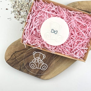 Male Sitting Teddy Bear with Bow Cookie Embosser Baby Shower Cookie Stamp Baby Cookie Cutter, Fondant Stamp, Gender Reveal Cookie Embosser