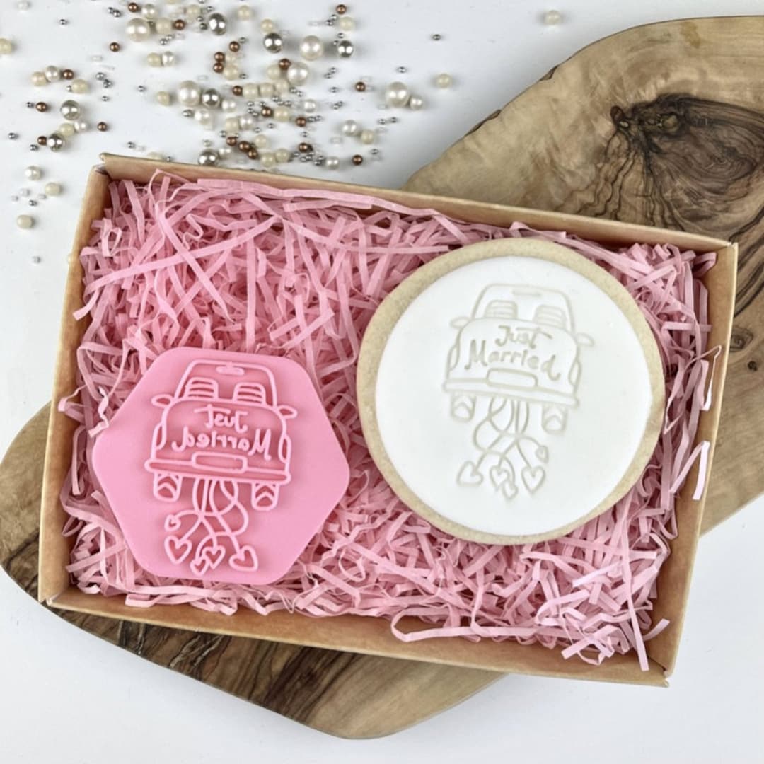 Just Married Wedding Car Cookie Stamp, Wedding Cookie Embosser, Floral Cookie Stamp, Mr and Mrs