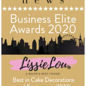 May include: A gold award certificate with a black and white logo for SME news. The certificate reads "Business Elite Awards 2020" and "Lissie Lou, A Baker's Best Friend, Best in Cake Decorations and Equipment, 2020".