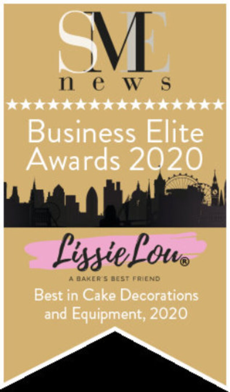 May include: A gold award certificate with a black and white logo for SME news. The certificate reads "Business Elite Awards 2020" and "Lissie Lou, A Baker's Best Friend, Best in Cake Decorations and Equipment, 2020".