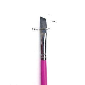 May include: A pink handled angled paint brush with a 0.97 cm wide brush head and a total length of 1.5 cm.
