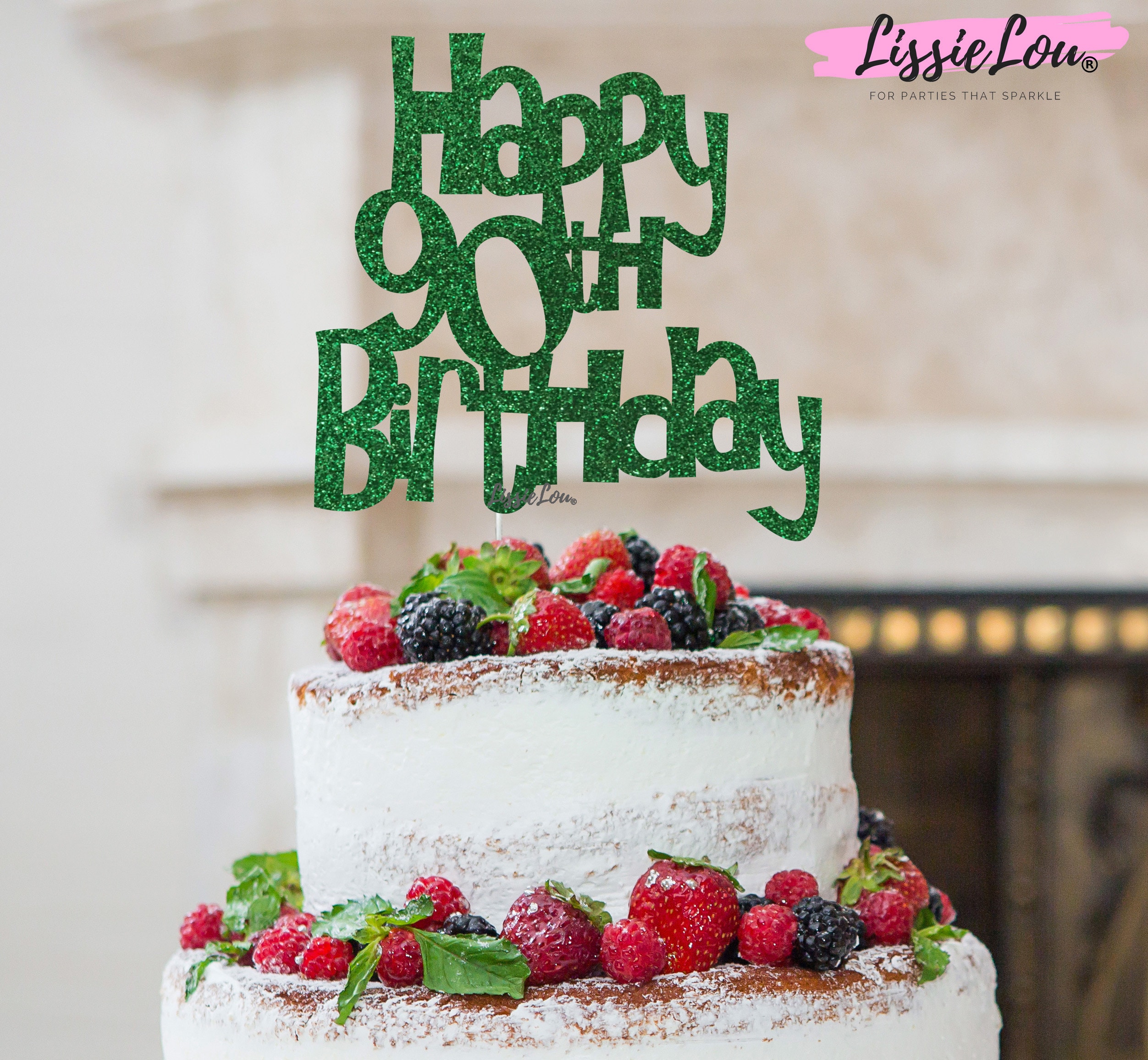 Topper per torta con scritta Happy 90th Birthday con glitter dorati dec