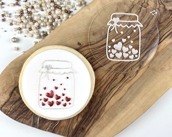 Jar of Hearts Cookie Embosser, Valentines Cookie Cutter, Love Cookie Cutter, Fondant Icing Stamp, Love Heart Cookie Embosser