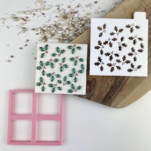 Holly Pattern Tile Cookie Cutter and Embosser by Frosted Cakes by Em, Christmas Cookie Cutter, Christmas Cookie Embosser, Cookie Stamp