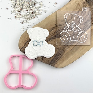 Male Sitting Teddy Bear with Bow Cookie Cutter and Embosser, Baby Shower Cookie Embosser, Cookie Cutter, Gender Reveal Cookie Stamp