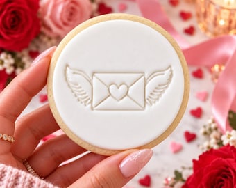 May include: A round sugar cookie with smooth white icing featuring an embossed design of a centered envelope with a heart on the front and feathered wings extending from each side of the envelope, creating a detailed love letter motif.