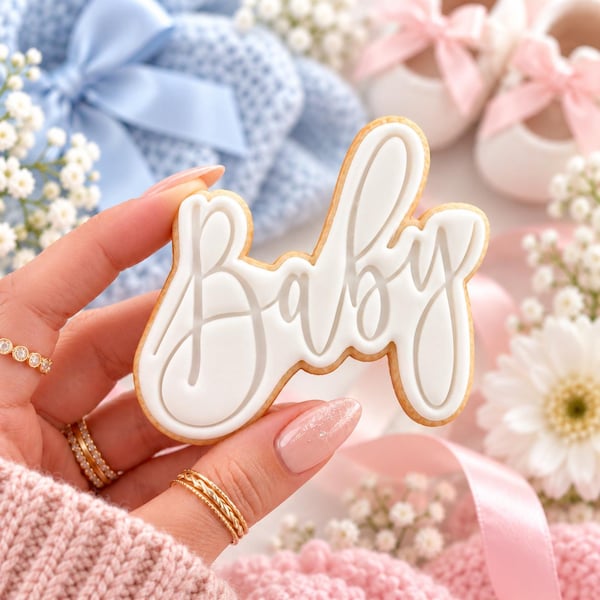 May include: A sugar cookie shaped like the word Baby in elegant white icing with a smooth finish. The cookie features a raised script font design with a light gray outline, showcasing a clean and detailed aesthetic for a celebratory event.