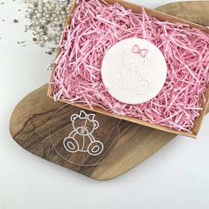 Female Sitting Teddy Bear with Bow Cookie Embosser Baby Shower Cookie Stamp Baby Cookie Cutter, Fondant Stamp, Gender Reveal Cookie Embosser