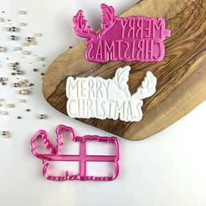 Merry Christmas with Antlers Cookie Cutter and Stamp, Christmas Cookie Cutter, Christmas Cookie Embosser, Xmas Cookie Stamp, Icing Stamp