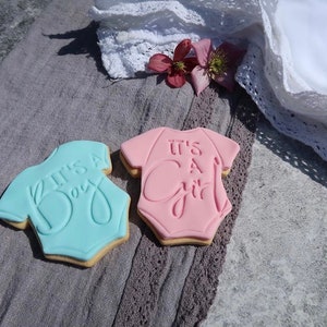 May include: Two onesie-shaped sugar cookies with smooth icing. One cookie is light blue with the embossed text 'IT'S A Boy', and the other is light pink with the embossed text 'IT'S A Girl'. Both cookies have a visible golden-brown edge.