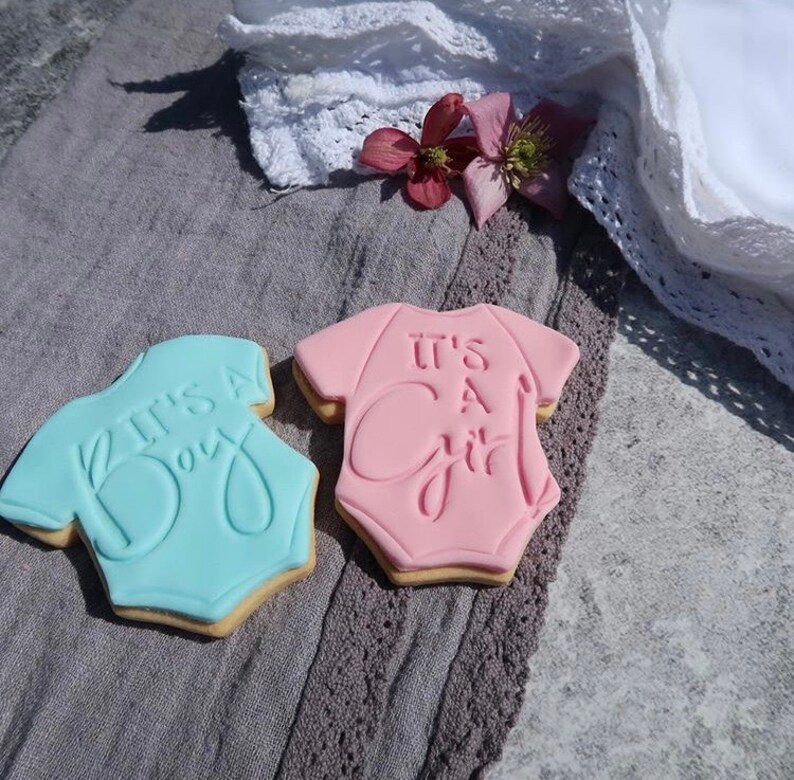 May include: Two onesie-shaped sugar cookies with smooth icing. One cookie is light blue with the embossed text 'IT'S A Boy', and the other is light pink with the embossed text 'IT'S A Girl'. Both cookies have a visible golden-brown edge.