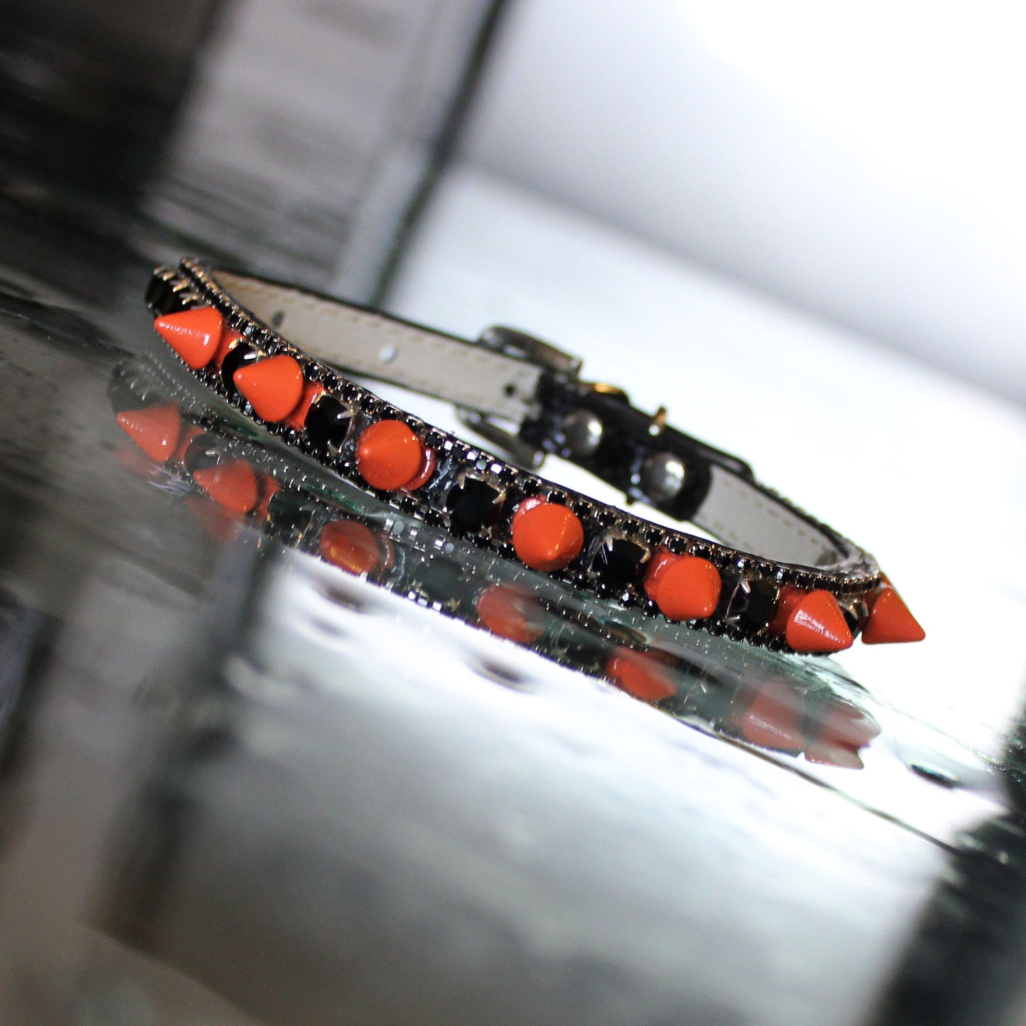 Pumpkin Orange Spike Dog Collar Onyx Rhinestone Vegan Pleather Collar