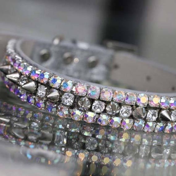 Iridescent Rhinestone Spiked Pet Collar Liberace Style Vegan Leather