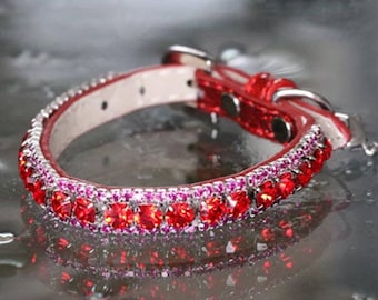 Rockstar TM - XS-3XL Red Ruby and Sapphire Pink Rhinestones Chakra Dog Cat Pet Jewelry Collar Necklace and Safety Collar