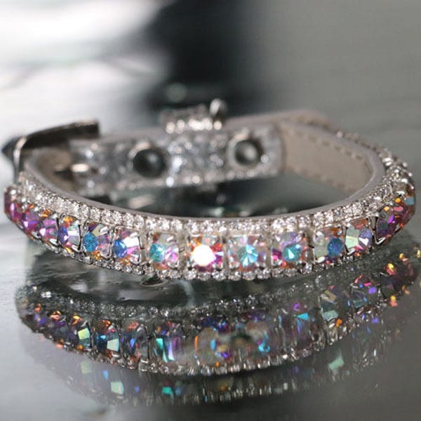 Rockstar TM - XS-3XL Rainbow Aurora and Clear Diamonte Crystal Rhinestones Aura Chakra Dog Cat Pet Jewelry Collar Necklace and Safety Collar