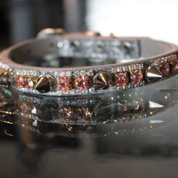 Rose Gold Rhinestone Spiked Pet Collar - Vegan Leather Jewelry