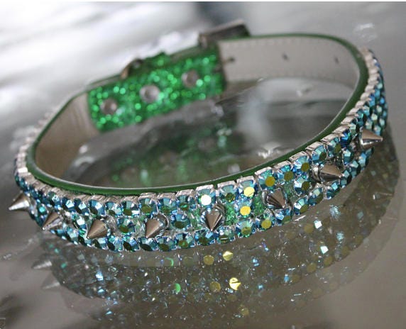 Emerald Ab Rhinestone Spiked Dog Collar - Green Vegan Pleather