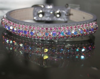 Rockstar TM - XS-3XL Rainbow Aurora and Light Pink Sapphire Crystal Rhinestones Chakra Dog Cat Pet Jewelry Collar Necklace and Safety Collar
