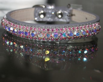 Rockstar TM - XS-3XL Rainbow Aurora and Light Pink Sapphire Crystal Rhinestones Chakra Dog Cat Pet Jewelry Collar Necklace and Safety Collar