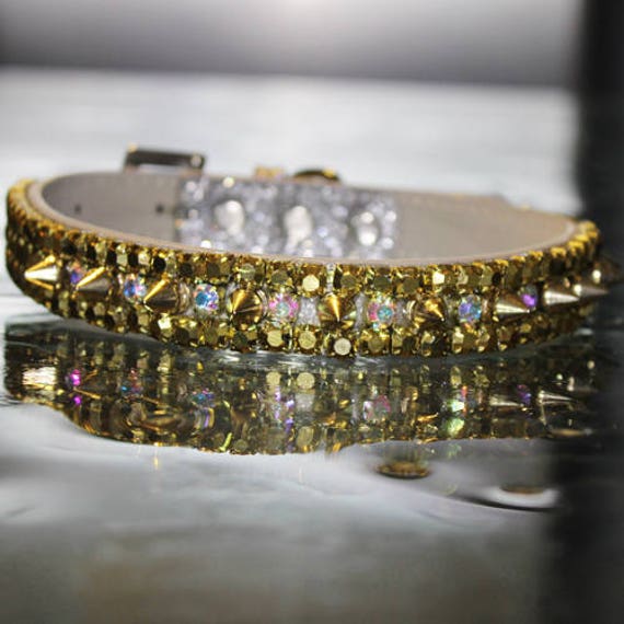 Gold Rhinestone Spiked Pet Collar Aurora Borealis Rainbow Jewelry