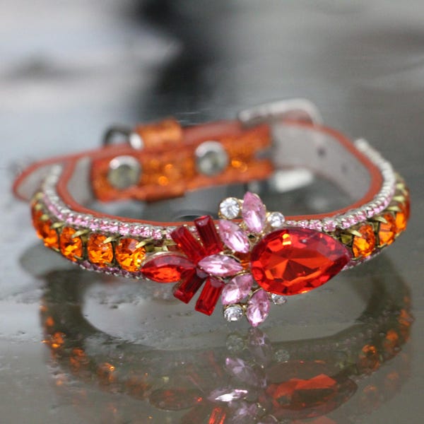 Rockstar TM - XS-L Orange Fire Opal and Pink Tourmaline Crystals Rhinestones - October Birthstone - Dog Cat Pet Jewelry Collar Necklace
