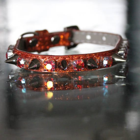 Fire Opal Rhinestone Spiked Dog Collar Vegan Pleather Rockstar Jewelry