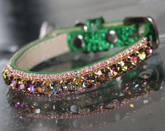 Rockstar TM - XS - L Emerald Green Aurora + Rose Quartz Rhinestones Heart Chakra Dog Cat Pet Jewelry Collar Necklace and Safety Collar