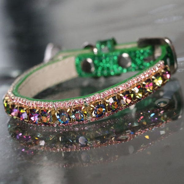 Rockstar TM - XS - L Emerald Green Aurora + Rose Quartz Rhinestones Heart Chakra Dog Cat Pet Jewelry Collar Necklace and Safety Collar