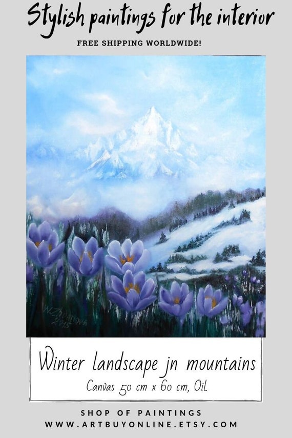 Winter Landscape Mountain Oil On Canvas Snowy Mountain Etsy