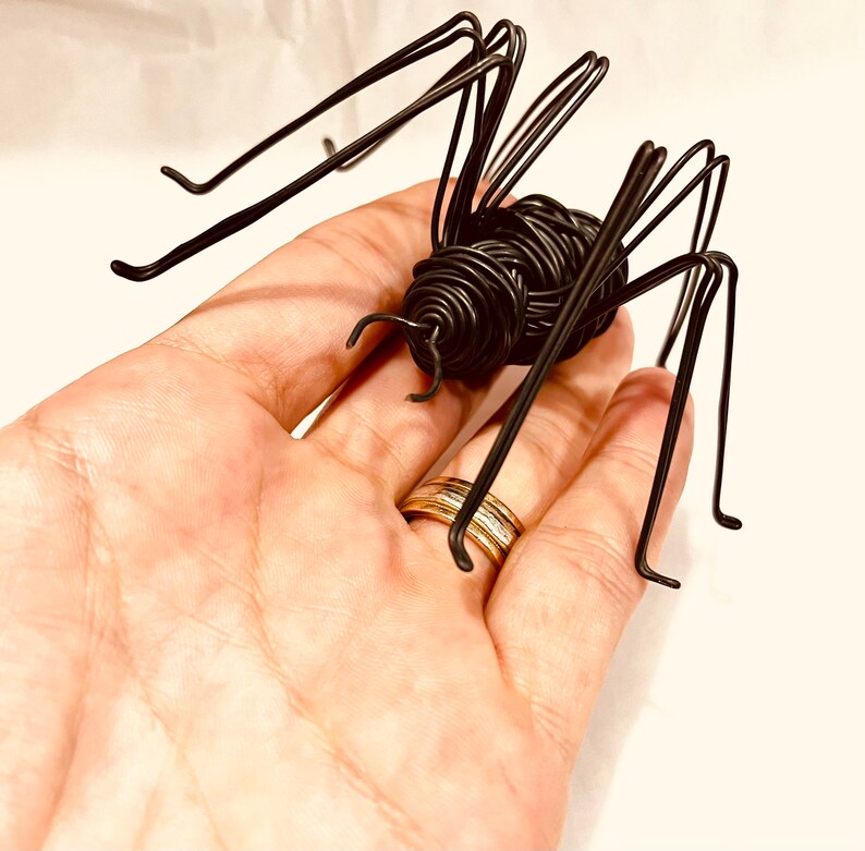 Puede incluir: Una escultura de ara&ntilde;a de alambre negro con patas largas. La ara&ntilde;a est&aacute; sentada en la mano de una persona.