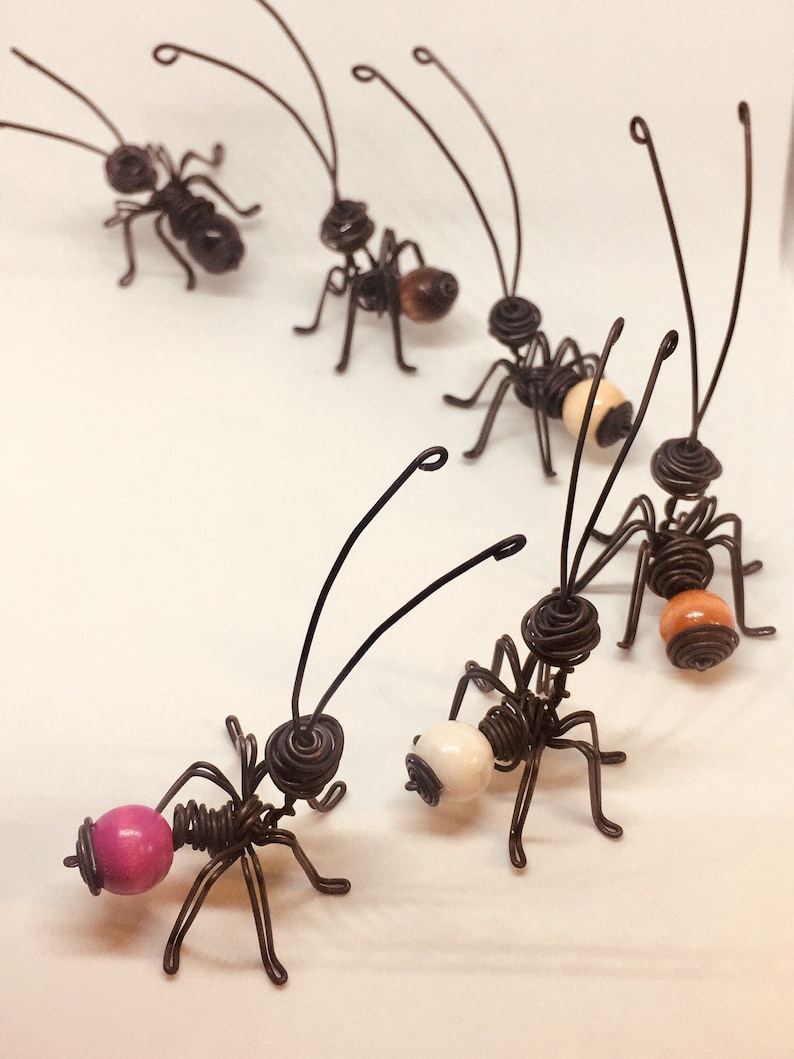 K&ouml;nnte beinhalten: F&uuml;nf Drahtskulpturen von Ameisen mit unterschiedlich farbigen Perlen. Die Ameisen sind aus braunem Draht gefertigt und haben lange Beine. Die Perlen sind rosa, wei&szlig;, braun und orange.