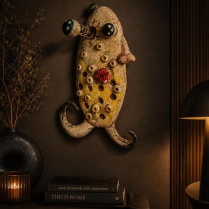 Könnte beinhalten: Eine skurrile Wandskulptur in Form eines stilisierten Fisches. Die Skulptur ist überwiegend cremefarben mit gelben und roten Akzenten und weist mehrere augenähnliche Details auf. Sie hat eine strukturierte Oberfläche und ein einzigartiges, künstlerisches Design.